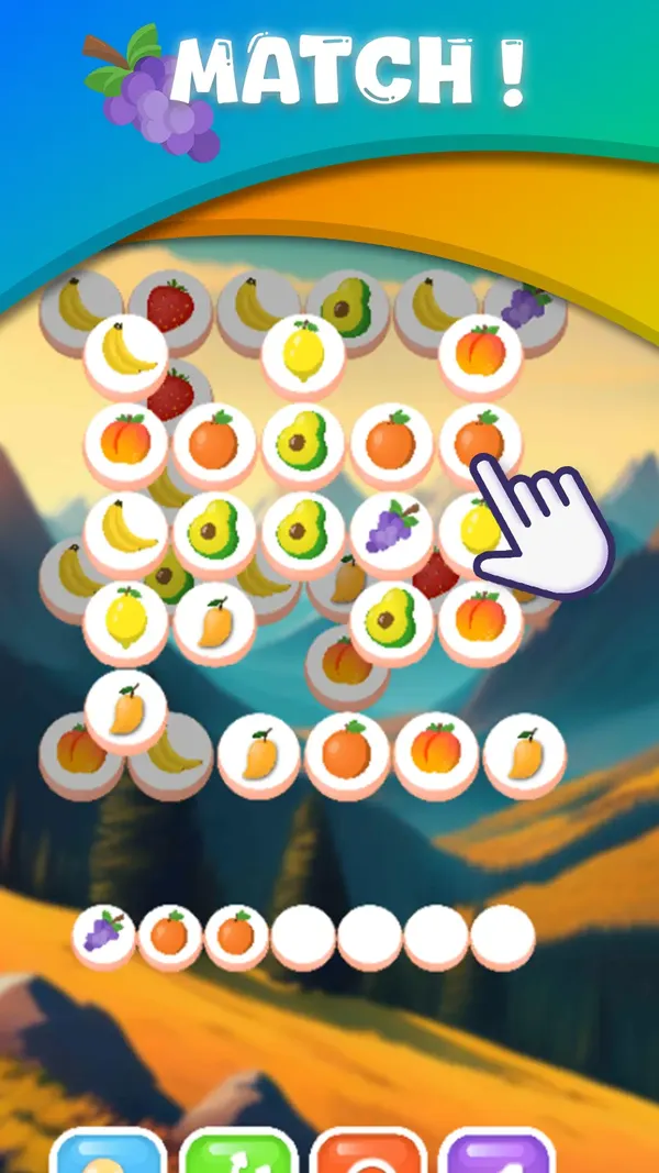Fruit Splash board with rows of fruit pieces and a level goal at the top